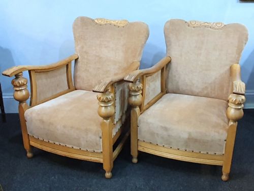 PAIR ARTS CRAFTS CARVED GOLDEN OAK SUEDE LOUNGE CHAIRS C1910 - ADDITIONAL PHOTO 6