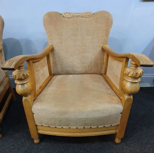 PAIR ARTS CRAFTS CARVED GOLDEN OAK SUEDE LOUNGE CHAIRS C1910 - ADDITIONAL PHOTO 7