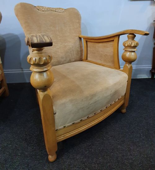 PAIR ARTS CRAFTS CARVED GOLDEN OAK SUEDE LOUNGE CHAIRS C1910 - ADDITIONAL PHOTO 9