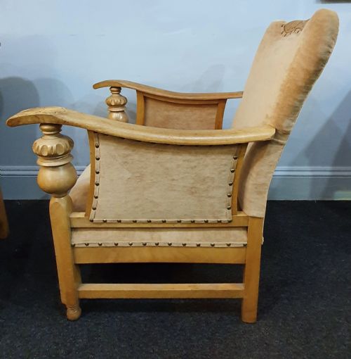 PAIR ARTS CRAFTS CARVED GOLDEN OAK SUEDE LOUNGE CHAIRS C1910 - ADDITIONAL PHOTO 10