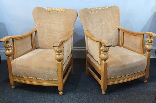 pair arts crafts carved golden oak suede lounge chairs c1910 - CATEGORY: ANTIQUE CHAIRS - DATED 1910