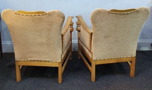 PAIR ARTS CRAFTS CARVED GOLDEN OAK SUEDE LOUNGE CHAIRS C1910 - ADDITIONAL PHOTO 14
