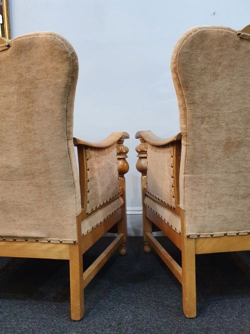 PAIR ARTS CRAFTS CARVED GOLDEN OAK SUEDE LOUNGE CHAIRS C1910 - ADDITIONAL PHOTO 16