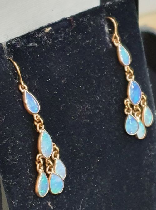 OPAL HOOP BACK DANGLING EARRINGS SET IN 9CT GOLD - ADDITIONAL PHOTO 1