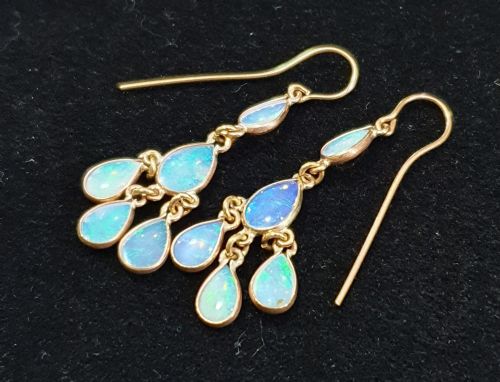 opal hoop back dangling earrings set in 9ct gold - CATEGORY: ANTIQUE JEWELLERY - DATED 1930