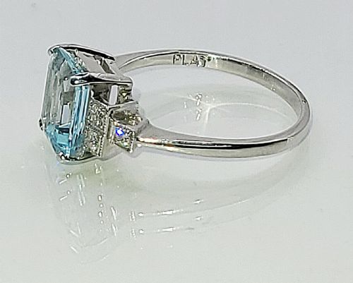 PLATINUM EMERALD CUT AQUAMARINE APPROX 2CT DIAMOND RING O - ADDITIONAL PHOTO 6