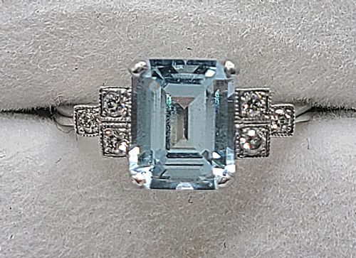 PLATINUM EMERALD CUT AQUAMARINE APPROX 2CT DIAMOND RING O - ADDITIONAL PHOTO 7