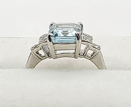 PLATINUM EMERALD CUT AQUAMARINE APPROX 2CT DIAMOND RING O - ADDITIONAL PHOTO 8