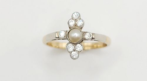 art deco old cut diamond aeed pearl cluster 9ct gold ring n - CATEGORY: ANTIQUE JEWELLERY - DATED 1920