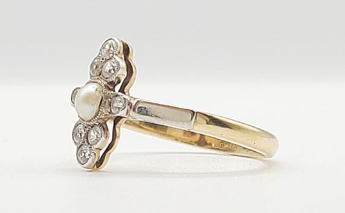ART DECO OLD CUT DIAMOND AEED PEARL CLUSTER 9CT GOLD RING N - ADDITIONAL PHOTO 1