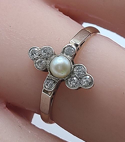 ART DECO OLD CUT DIAMOND AEED PEARL CLUSTER 9CT GOLD RING N - ADDITIONAL PHOTO 2