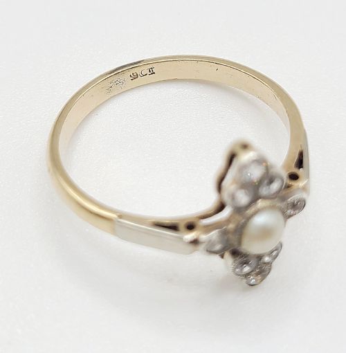 ART DECO OLD CUT DIAMOND AEED PEARL CLUSTER 9CT GOLD RING N - ADDITIONAL PHOTO 4
