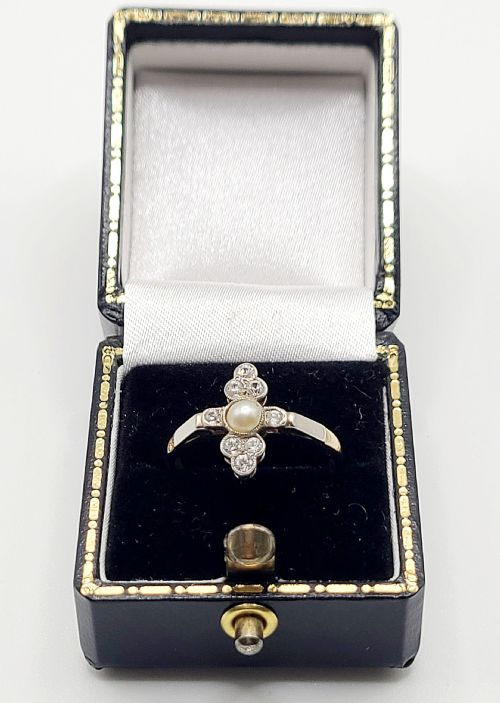 ART DECO OLD CUT DIAMOND AEED PEARL CLUSTER 9CT GOLD RING N - ADDITIONAL PHOTO 5