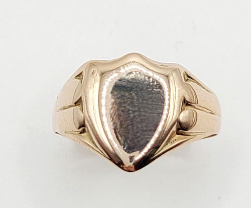 edwardian art deco men's rose gold sheild crest signet ring r12 - CATEGORY: ANTIQUE JEWELLERY - DATED EDWARDIAN
