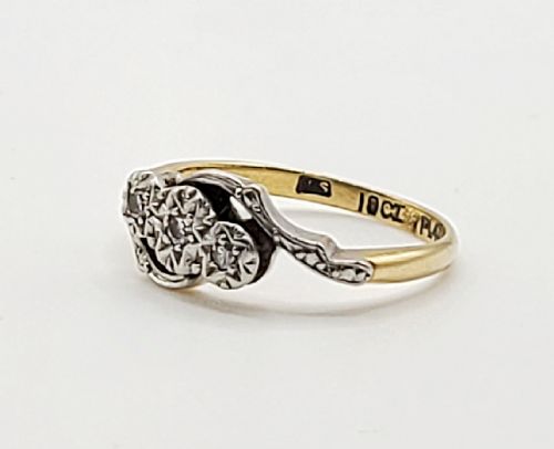 ART DECO PLATINUM SET DIAMOND TRILOGY SWIRL RING 18CT GOLD SIZE K - ADDITIONAL PHOTO 5