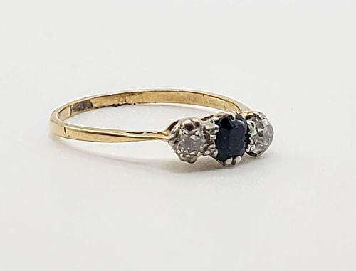 ART DECO 1920S SAPPHIRE DIAMOND TRILOGY ON 9CT GOLD RING SIZE N - ADDITIONAL PHOTO 5