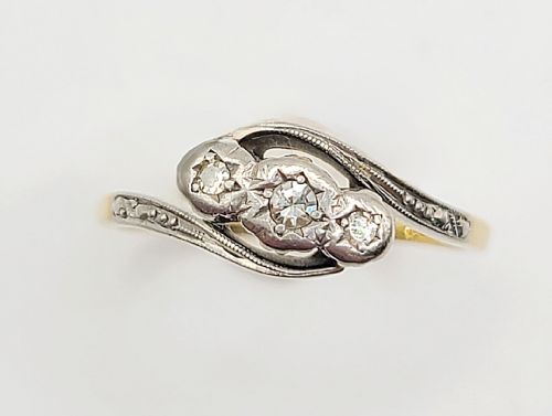 Art Deco 18ct Gold Platinum & Diamond Trilogy Wishbone Ring- size P