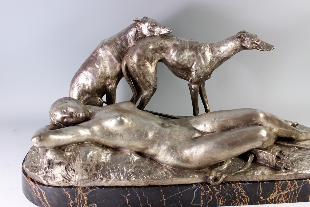 Ary Bitter 70cm French Art Deco Bronze Nude Diana and Greyhounds, c.1930 View IV