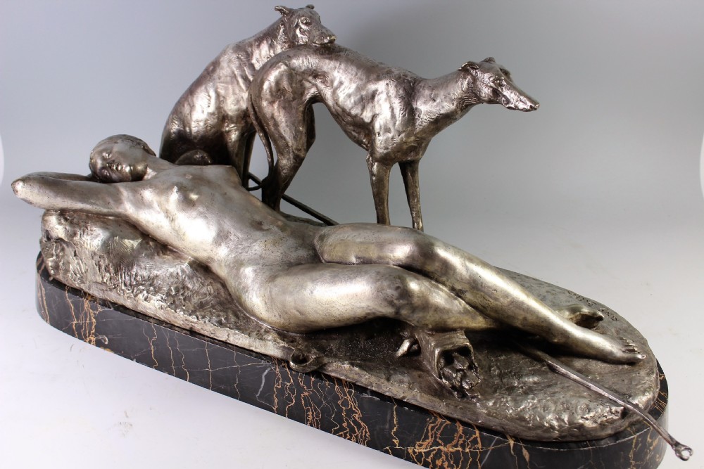 Ary Bitter 70cm French Art Deco Bronze Nude Diana and Greyhounds, c.1930 View V