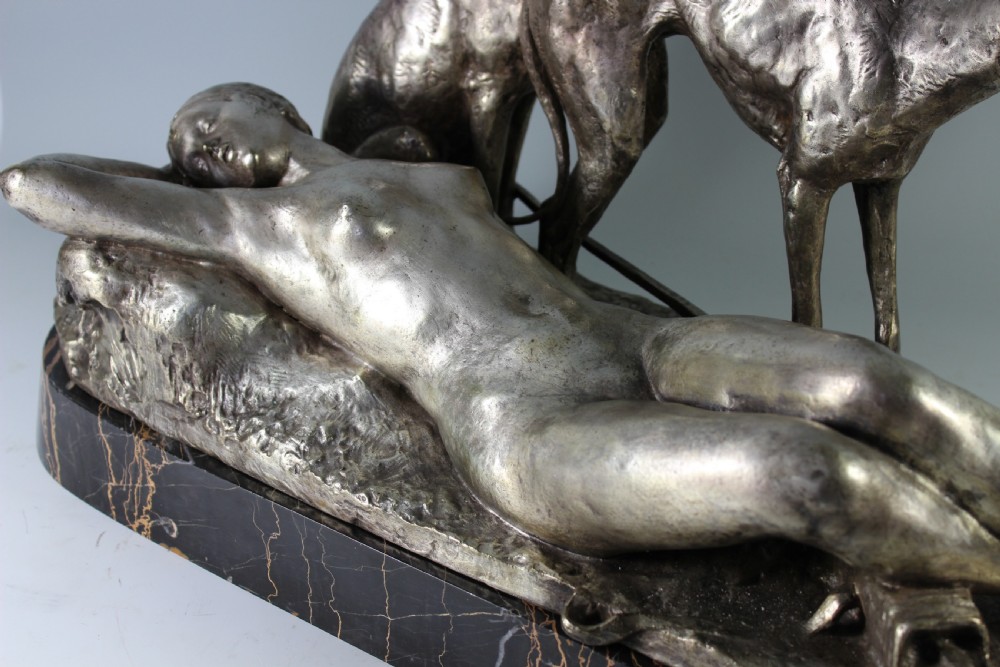 Ary Bitter 70cm French Art Deco Bronze Nude Diana and Greyhounds, c.1930 View VI