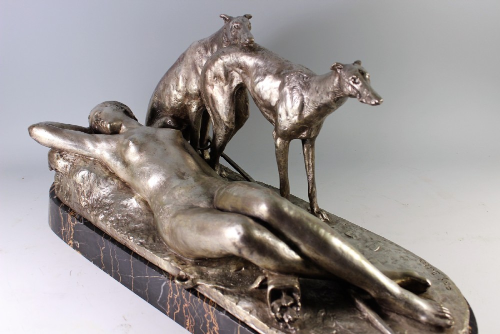 Ary Bitter 70cm French Art Deco Bronze Nude Diana and Greyhounds, c.1930 View VII