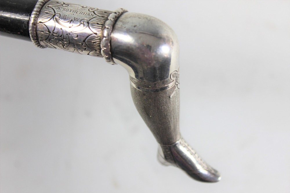 Original Edwardian Ebony Walking Stick with Stocking Leg Handle c1900 View V