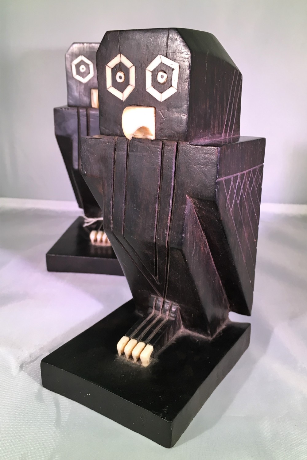 Art Deco Ebony and Ivory Cubist Owl Bookends c1930