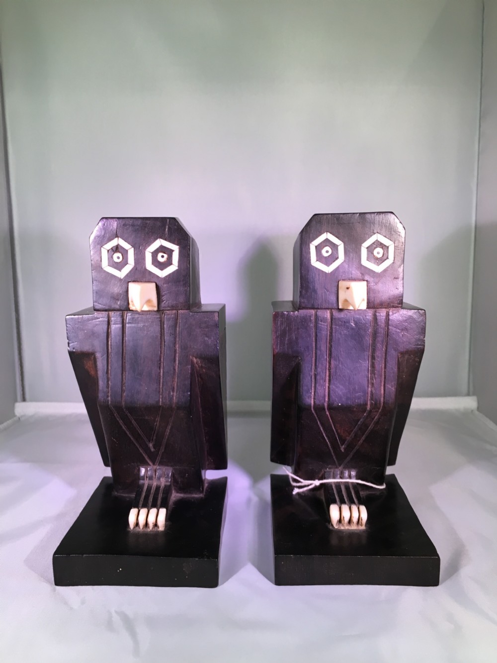 Art Deco Ebony and Ivory Cubist Owl Bookends c1930 View II