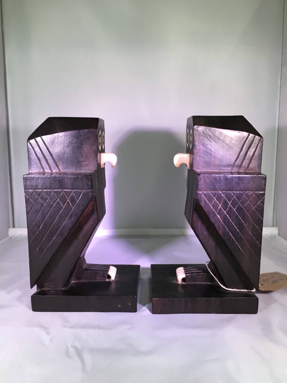 Art Deco Ebony and Ivory Cubist Owl Bookends c1930 View III