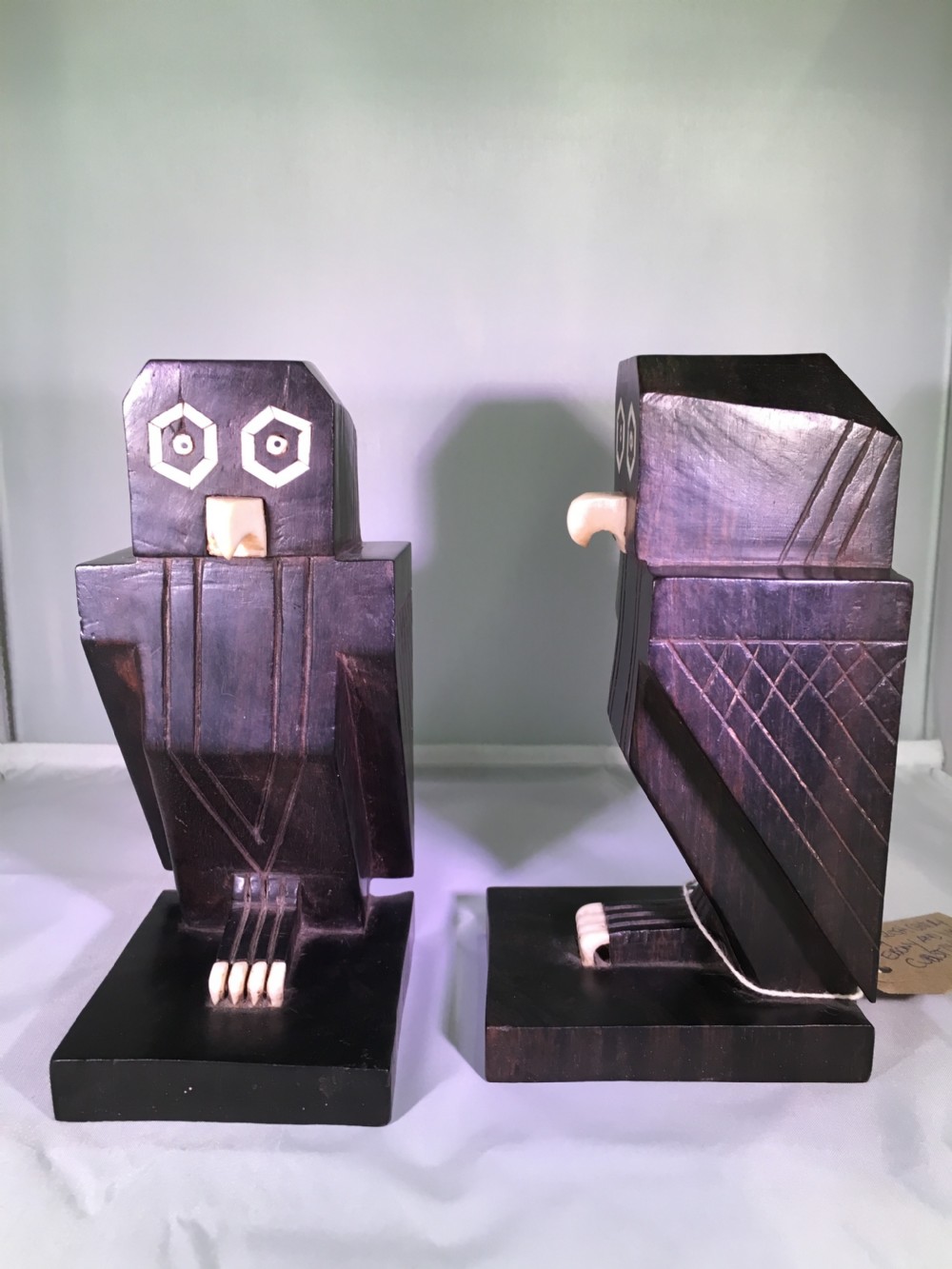Art Deco Ebony and Ivory Cubist Owl Bookends c1930 View IV