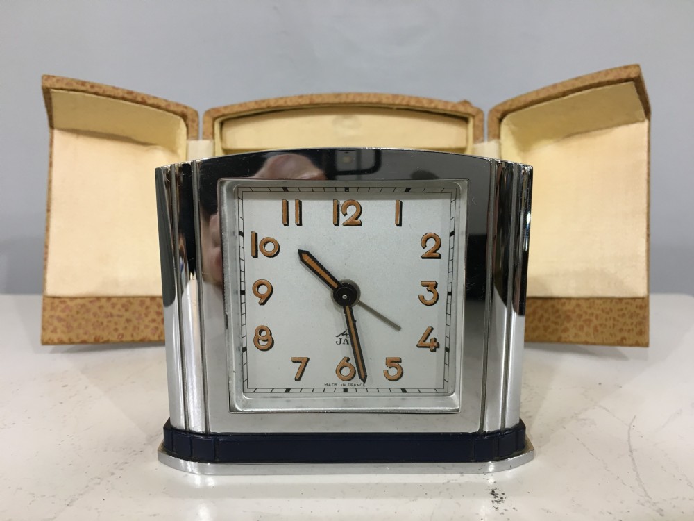 Jaz Original Art Deco French Chrome Travel Alarm Clock with Carry Case