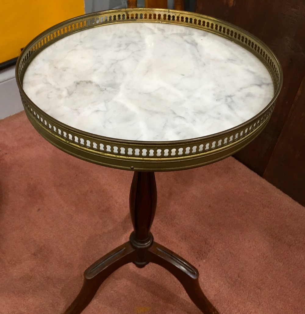 French Wine Table with Brass Gallery and White Marble Top, c.1920 View II
