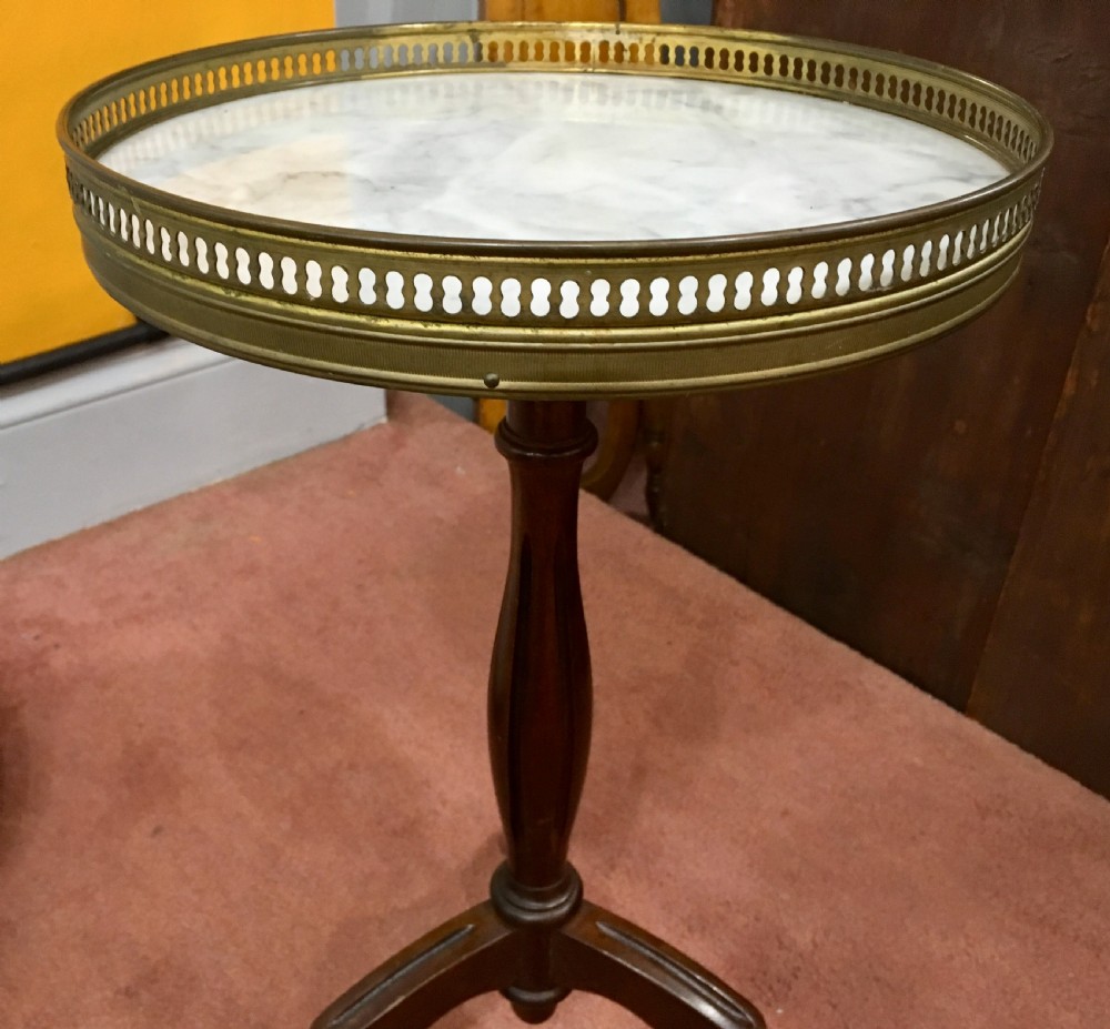 French Wine Table with Brass Gallery and White Marble Top, c.1920 View III