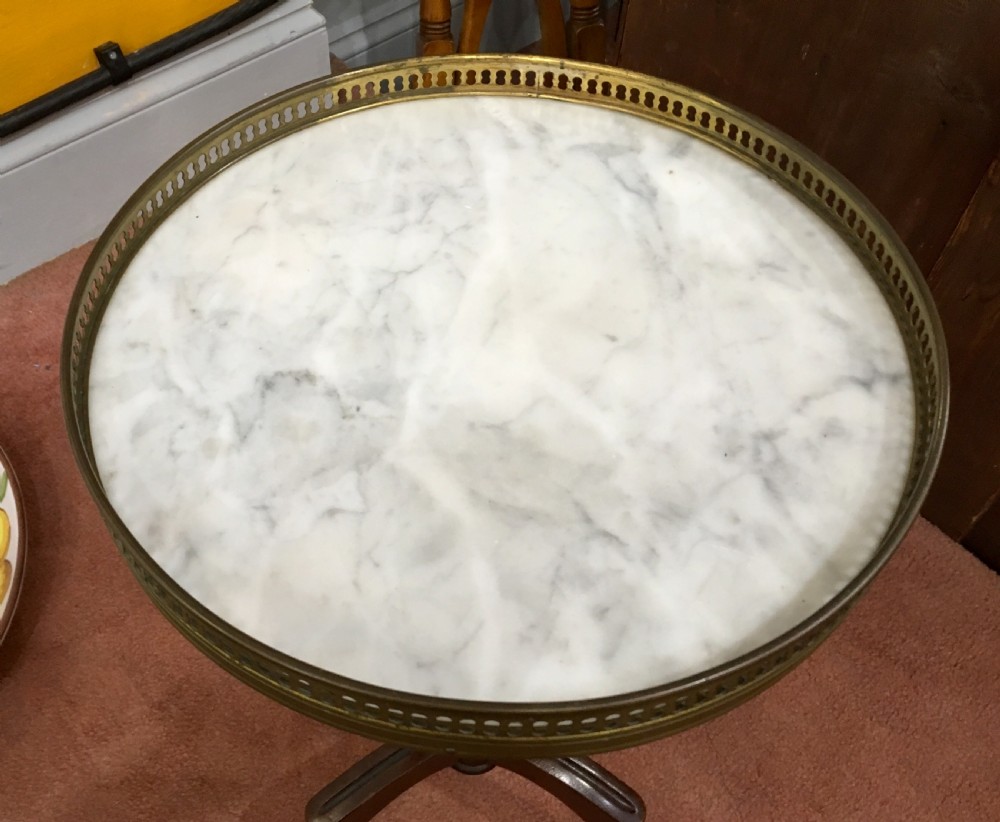 French Wine Table with Brass Gallery and White Marble Top, c.1920 View IV