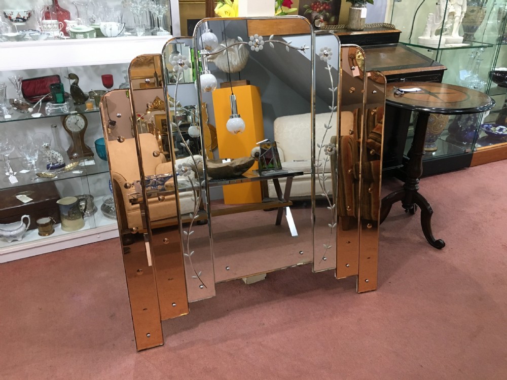 Art Deco Mirror with Waterfall Peach Panels c1930 View II