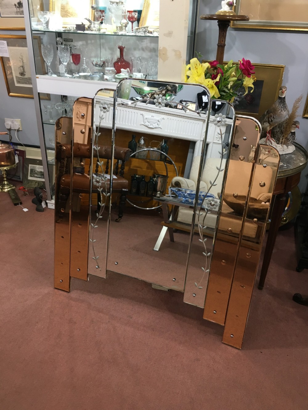 Art Deco Mirror with Waterfall Peach Panels c1930 View III
