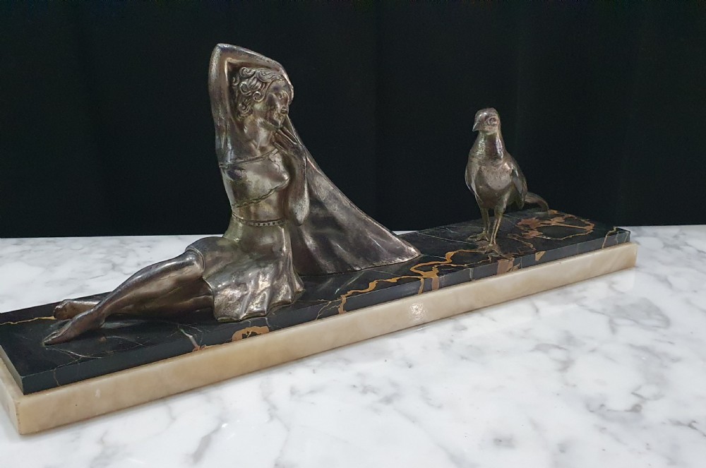French Art Deco Sculpture of Girl & Pheasant on Portoro Marble & Onyx Plinth