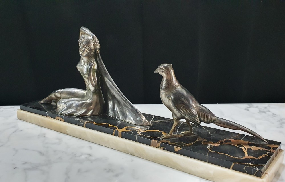 French Art Deco Sculpture of Girl & Pheasant on Portoro Marble & Onyx Plinth View III