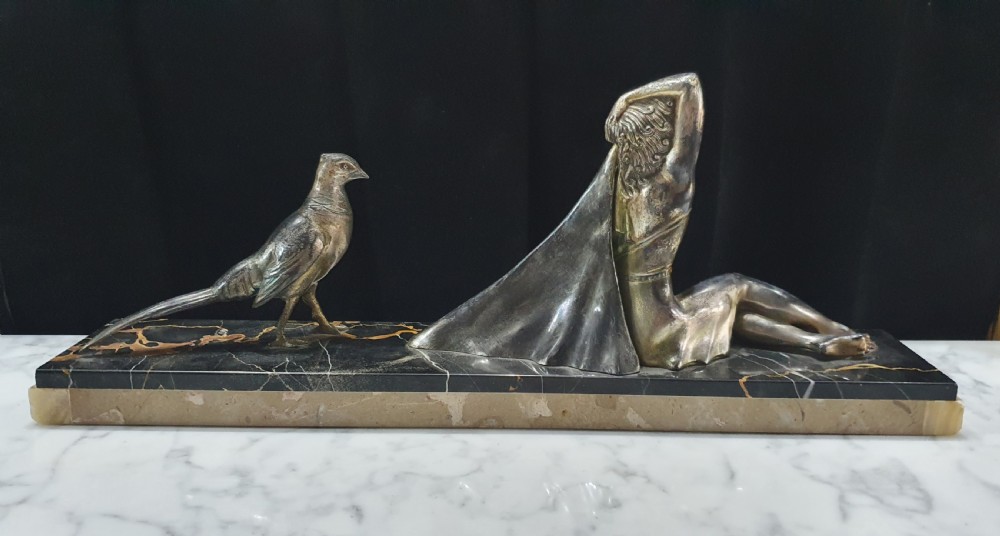 French Art Deco Sculpture of Girl & Pheasant on Portoro Marble & Onyx Plinth View IV