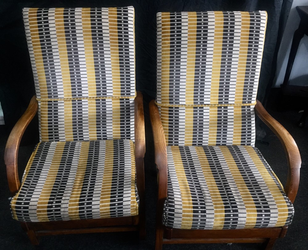 Art Deco lounge chairs reupholstered in London tube line fabric c1930 View II