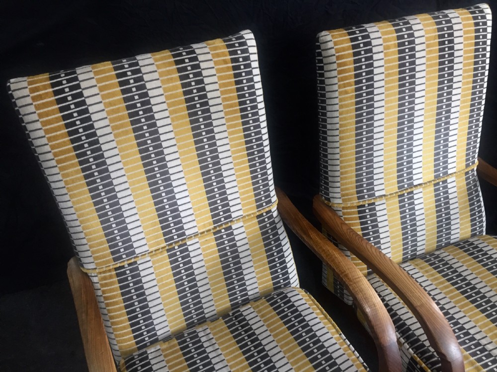 Art Deco lounge chairs reupholstered in London tube line fabric c1930 View X