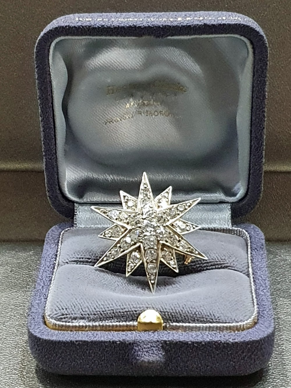Victorian Old Cut 37 Diamond Star Brooch 14 Carat Gold 