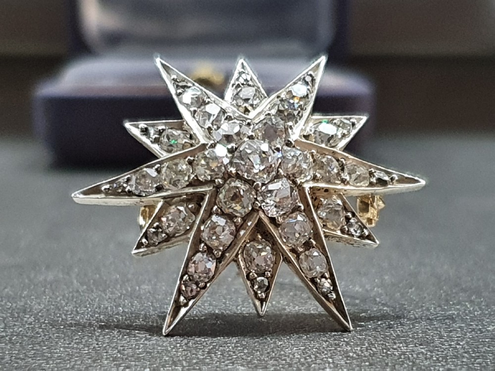 Victorian Old Cut 37 Diamond Star Brooch 14 Carat Gold  View III