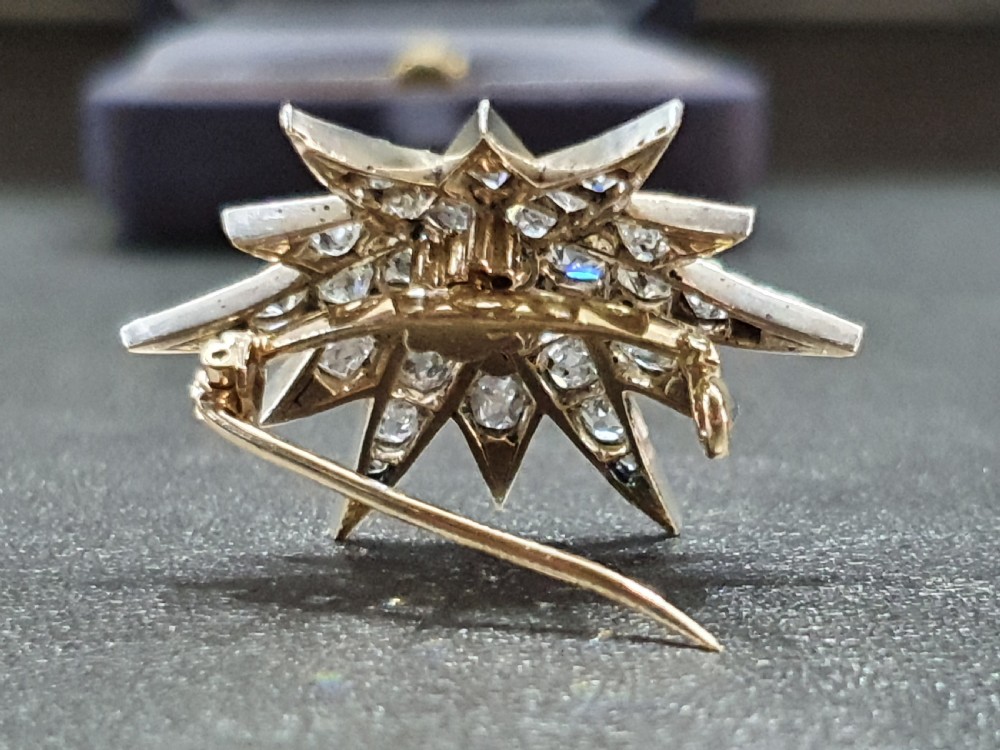 Victorian Old Cut 37 Diamond Star Brooch 14 Carat Gold  View IV