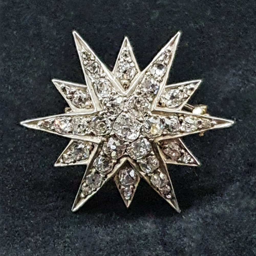 Victorian Old Cut 37 Diamond Star Brooch 14 Carat Gold  View V