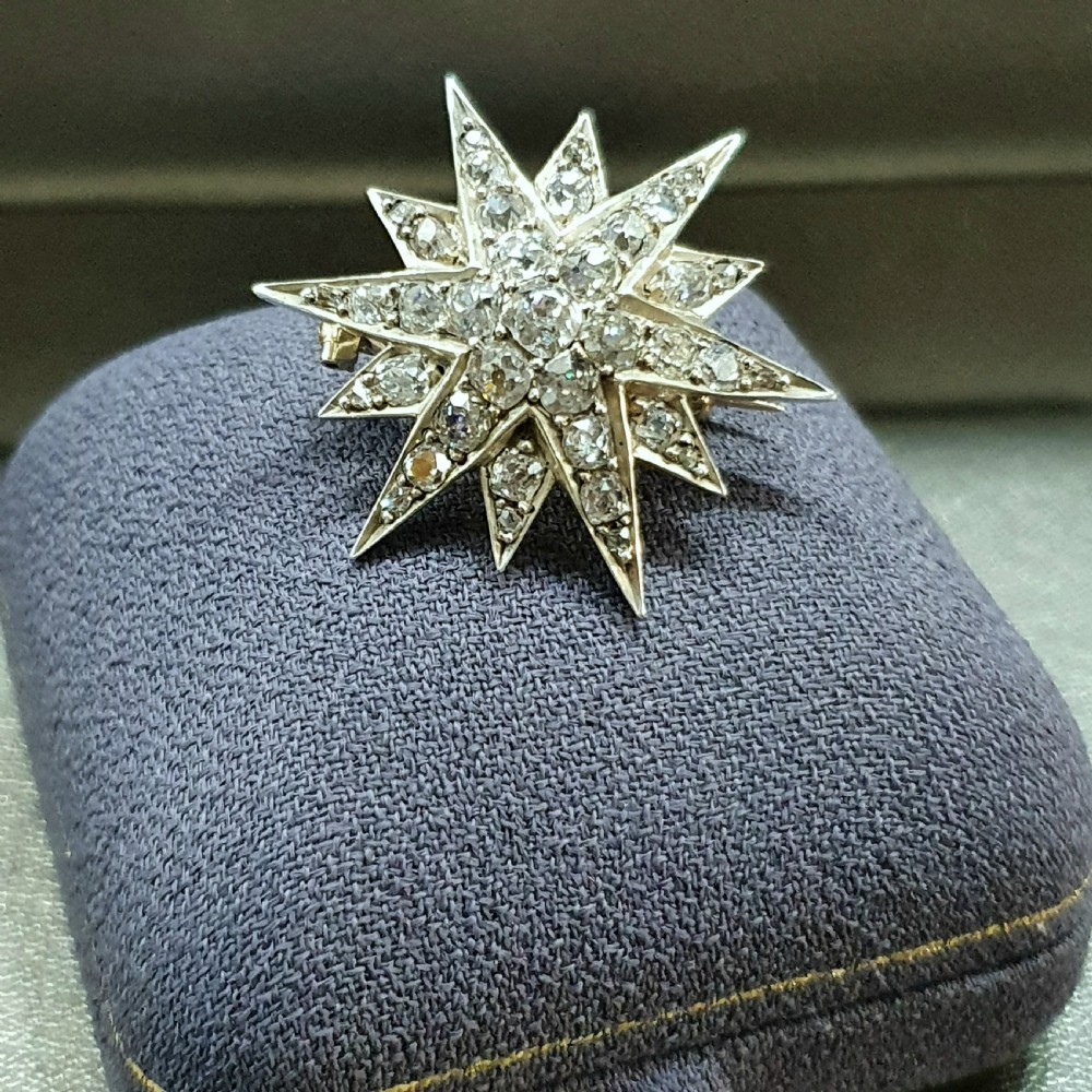 Victorian Old Cut 37 Diamond Star Brooch 14 Carat Gold  View VI