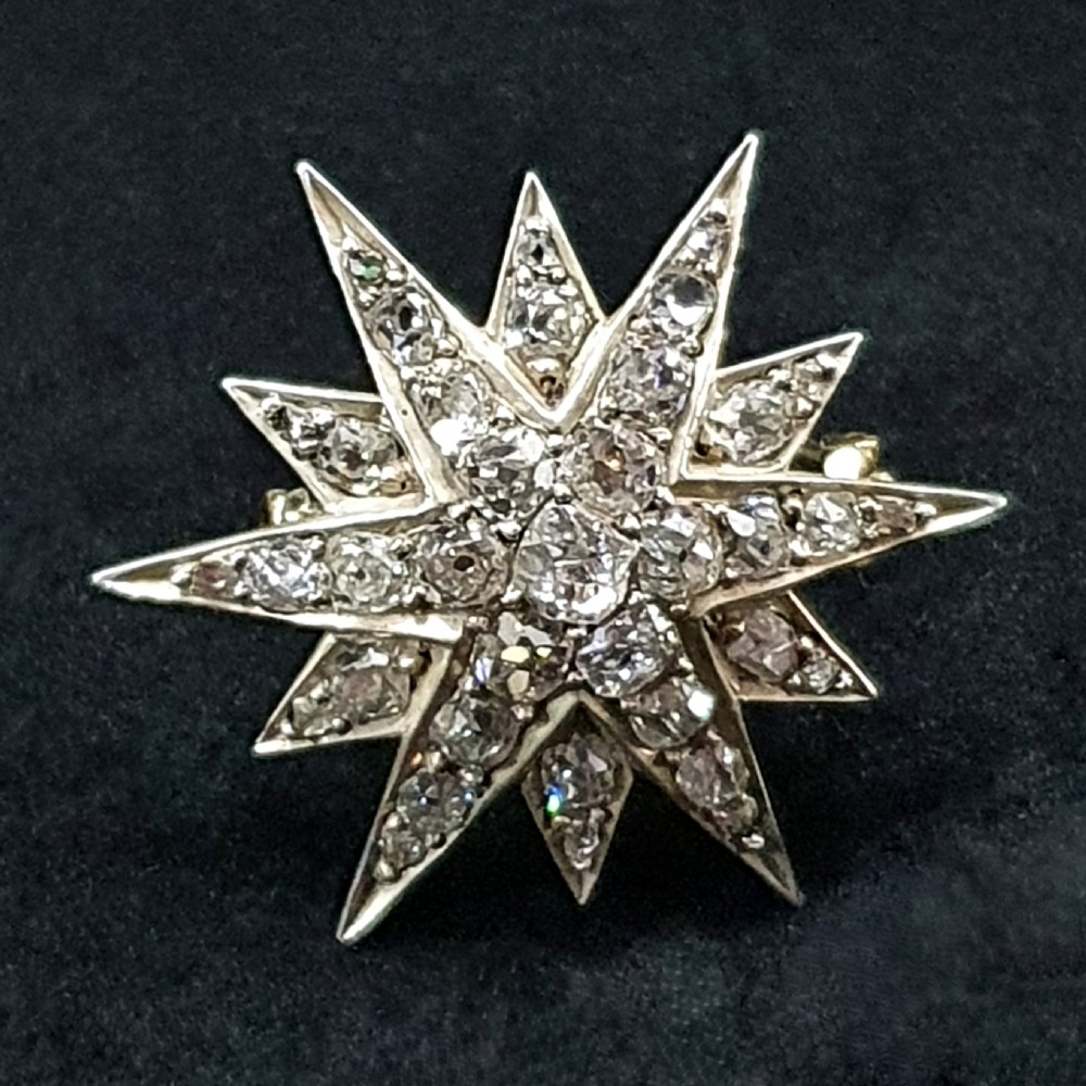 Victorian Old Cut 37 Diamond Star Brooch 14 Carat Gold  View XI