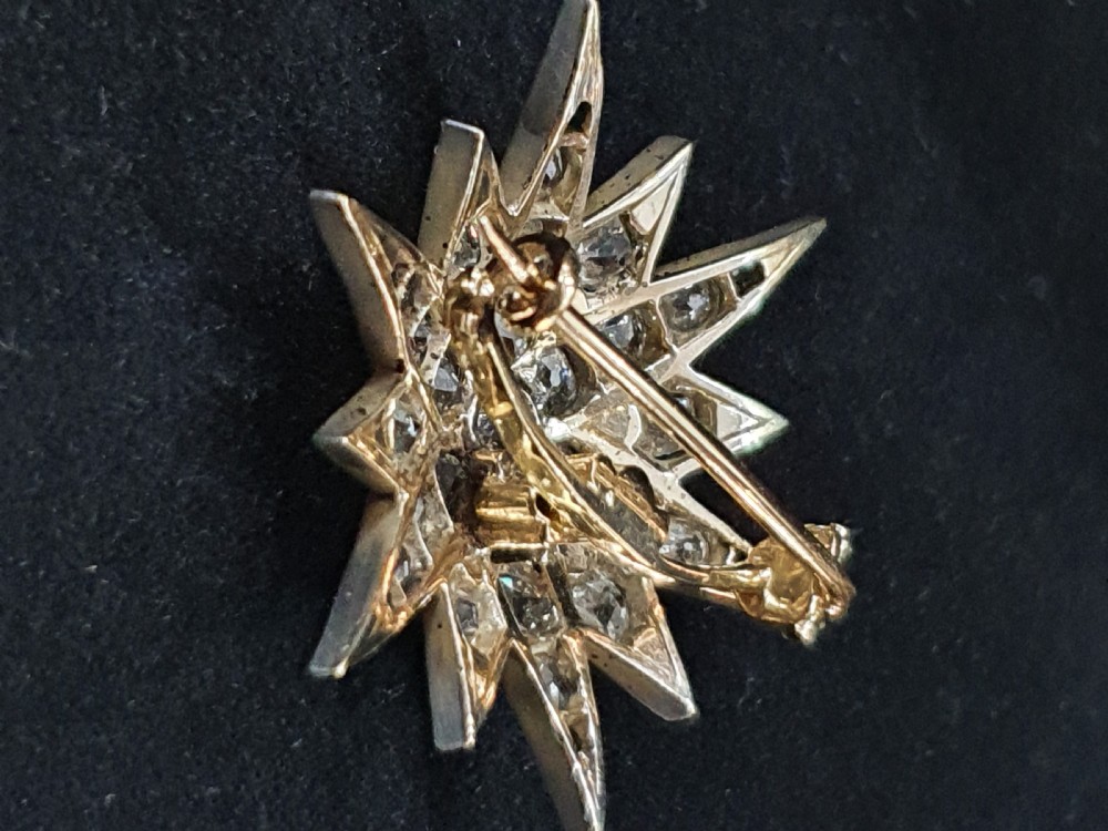 Victorian Old Cut 37 Diamond Star Brooch 14 Carat Gold  View XIV