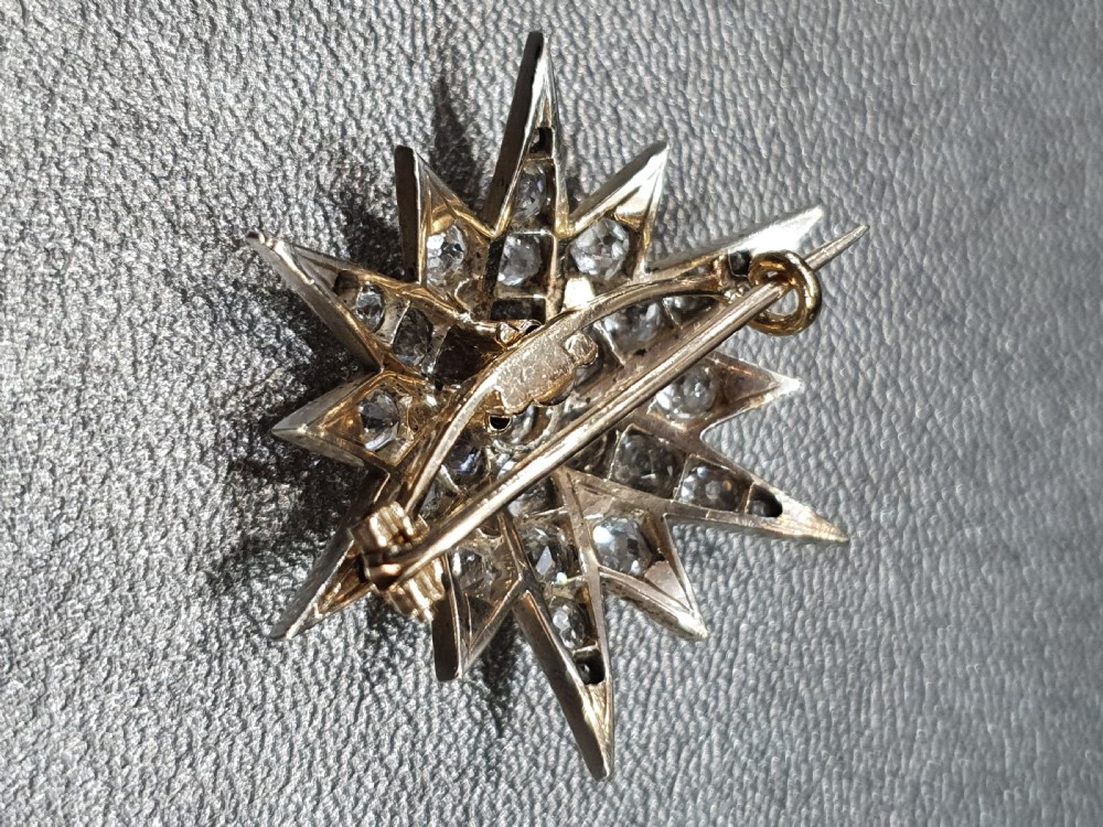 Victorian Old Cut 37 Diamond Star Brooch 14 Carat Gold  View XV