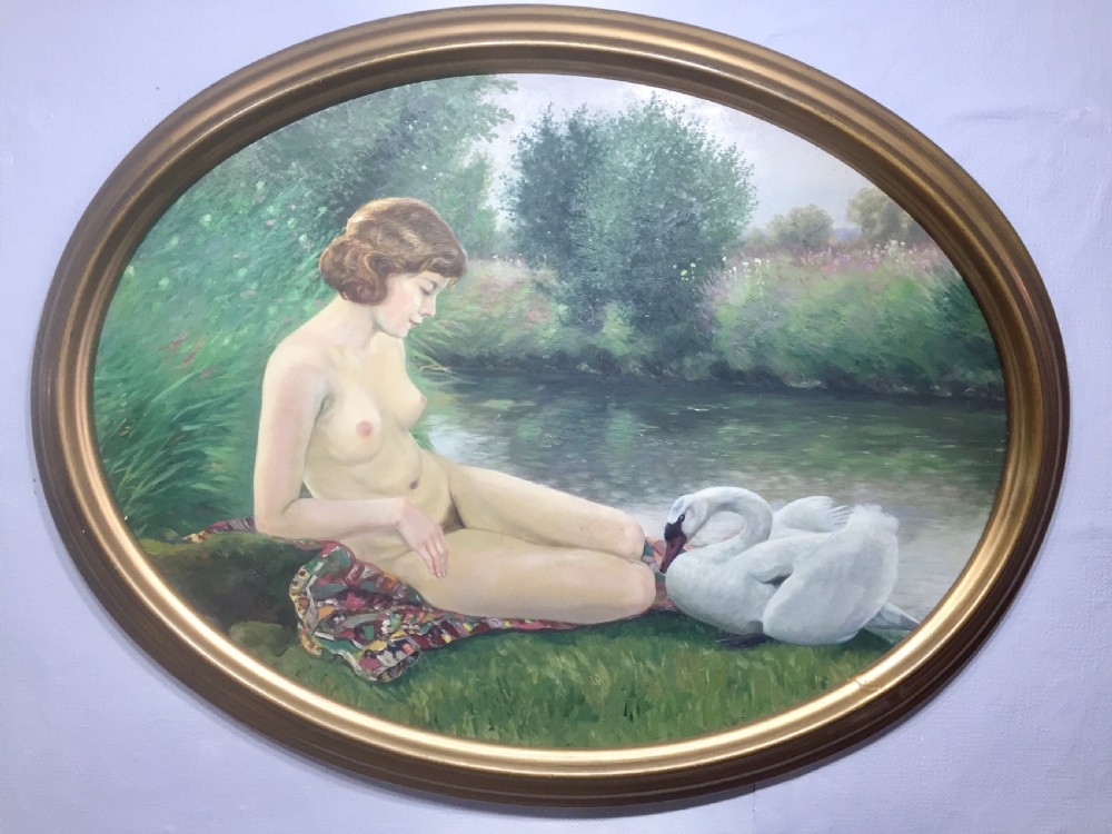 “Leda and the Swan” art nouveau nude oil on board c1910